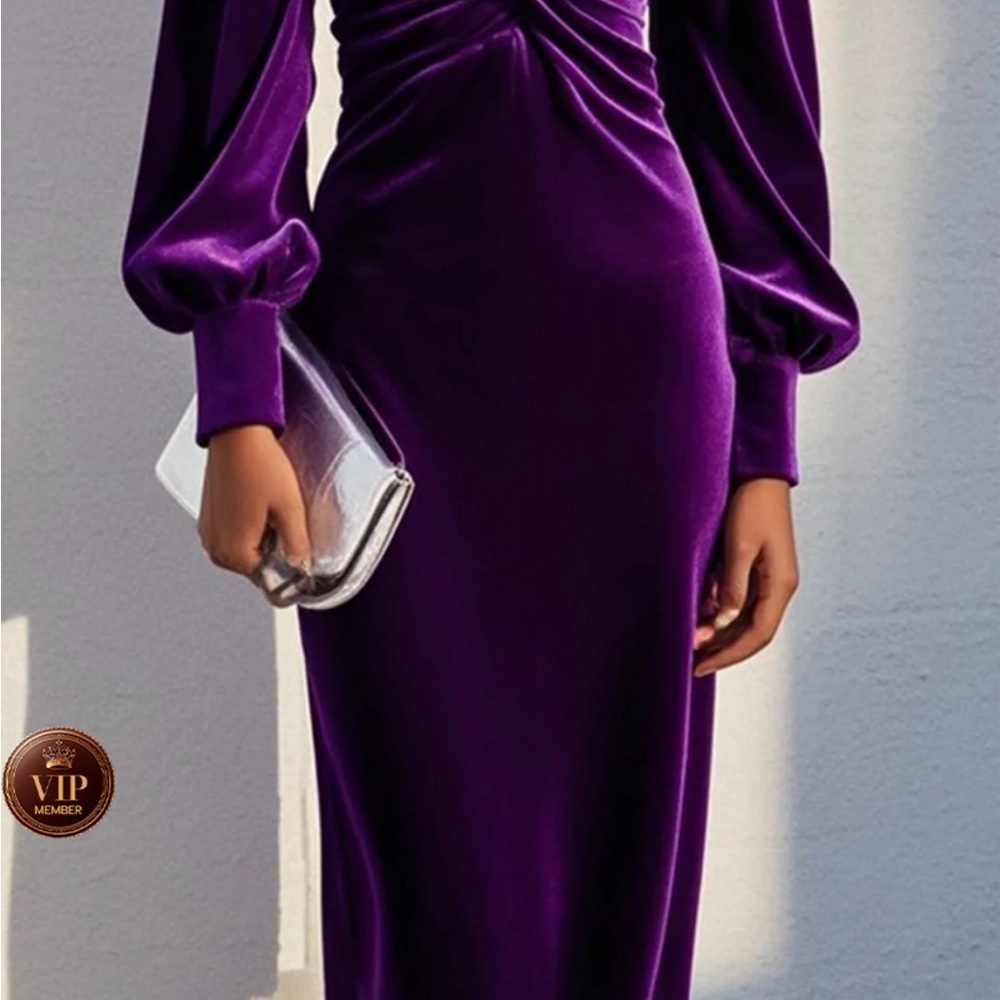 Purple Cross Ruched Velvet Neck Long Sleeve Puff Sheath Midi Dress - Picture 7 of 7